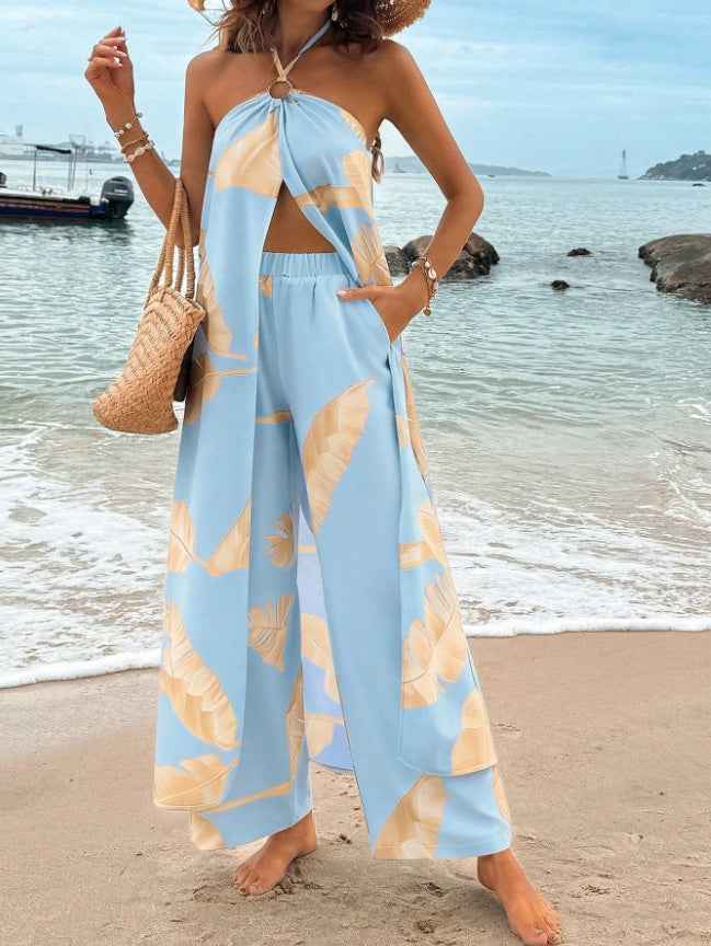Fashionable Resort-Style Printed Halterneck Slit Jumpsuit With Wide-Leg Pants