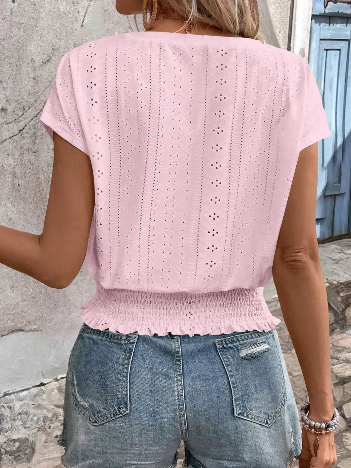 Eyelet V-Neck Short Sleeve Blouse.