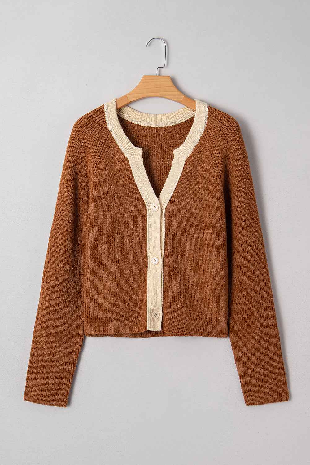 Chestnut Contrast Knit V Neckline Short Cardigan