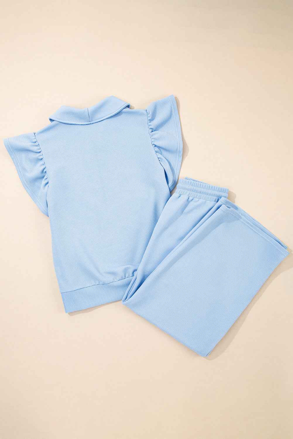 Beau Blue Textured Ruffled Sleeve Zipped Top and Wide Leg Pants Set