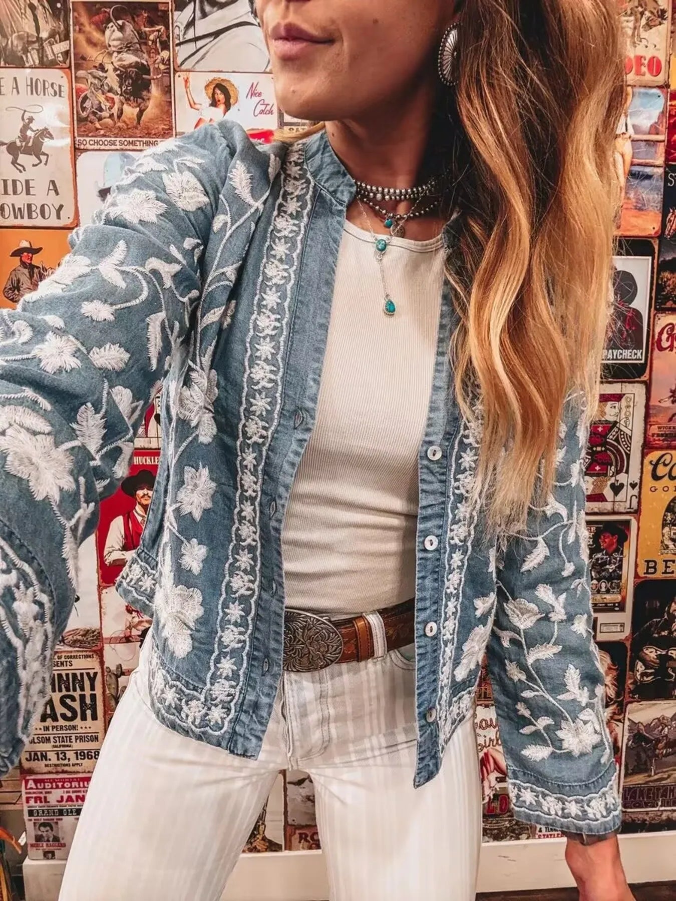Floral Embroidered Button Up Denim Shirt.