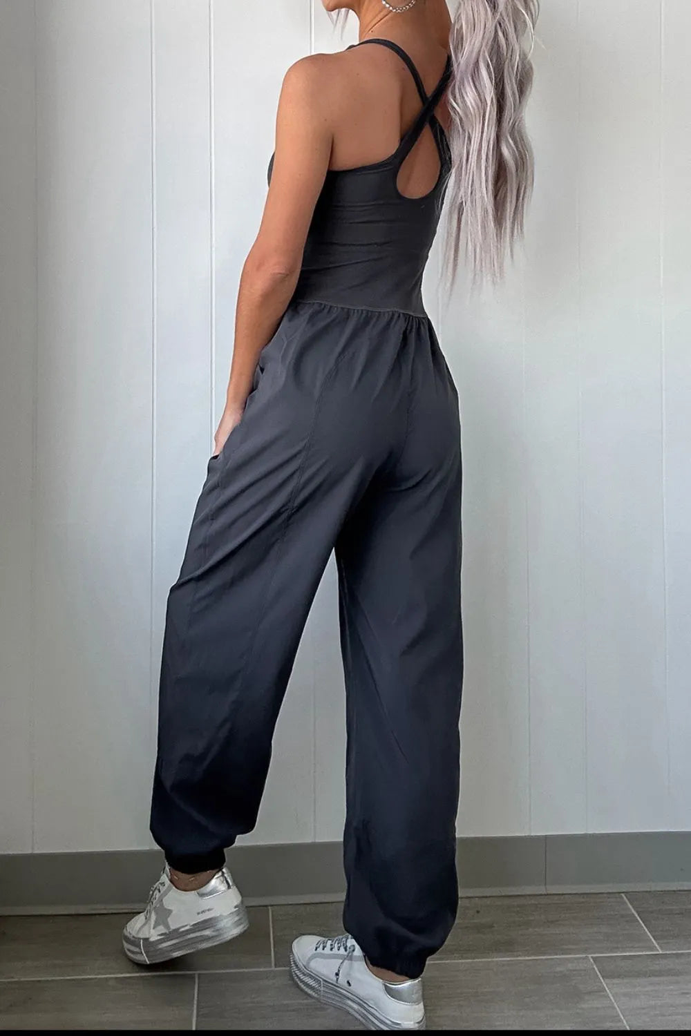 Cutout Square Neck Wide Strap Active Jumpsuit.