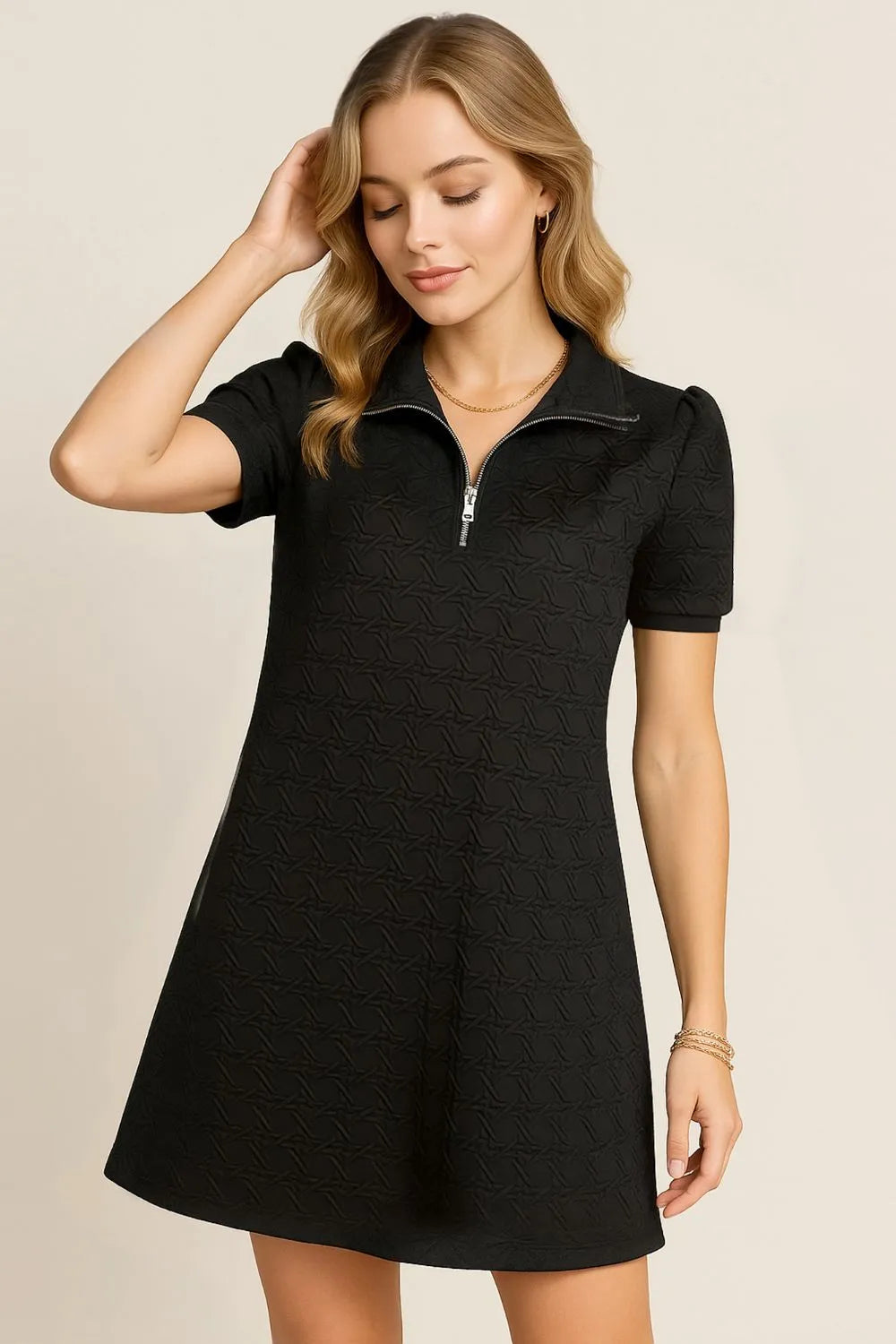 Oh Textured Quarter Zip Short Sleeve Dress.