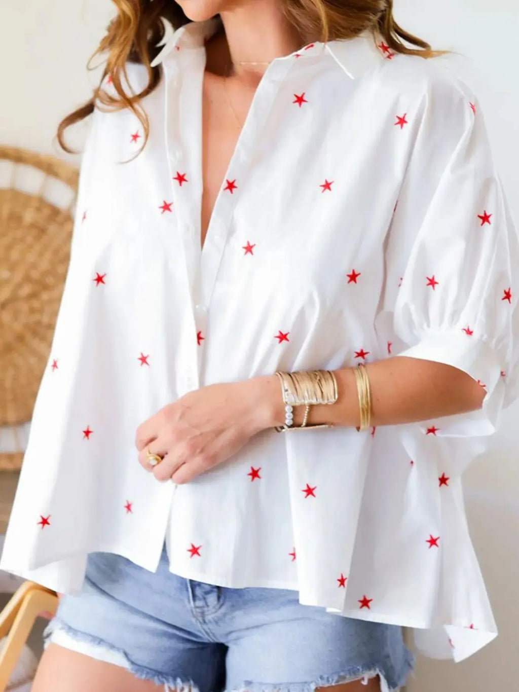 Star Print Puff Sleeve Button-Up Shirt.