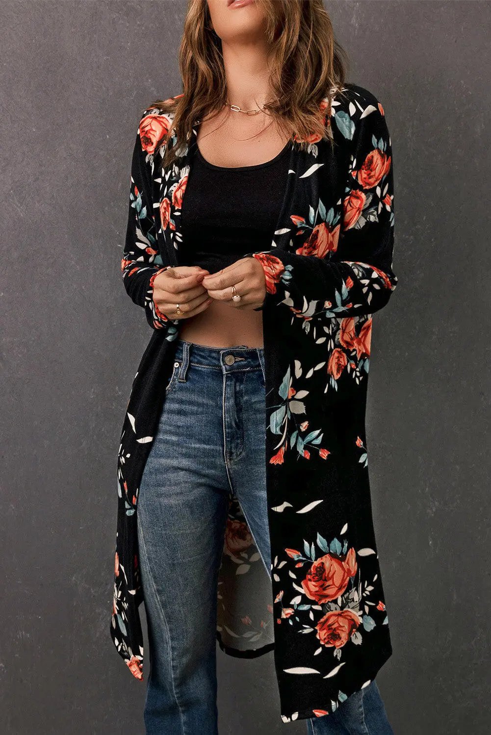 Printed Open Front Longline Cardigan.