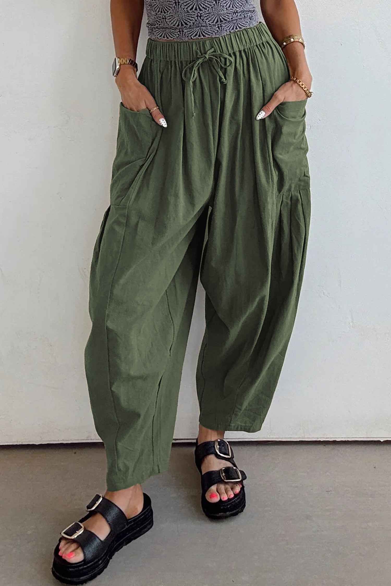 Jungle Green Drawstring Elastic Waist Patch Pocket Barrel Leg Casual Pants