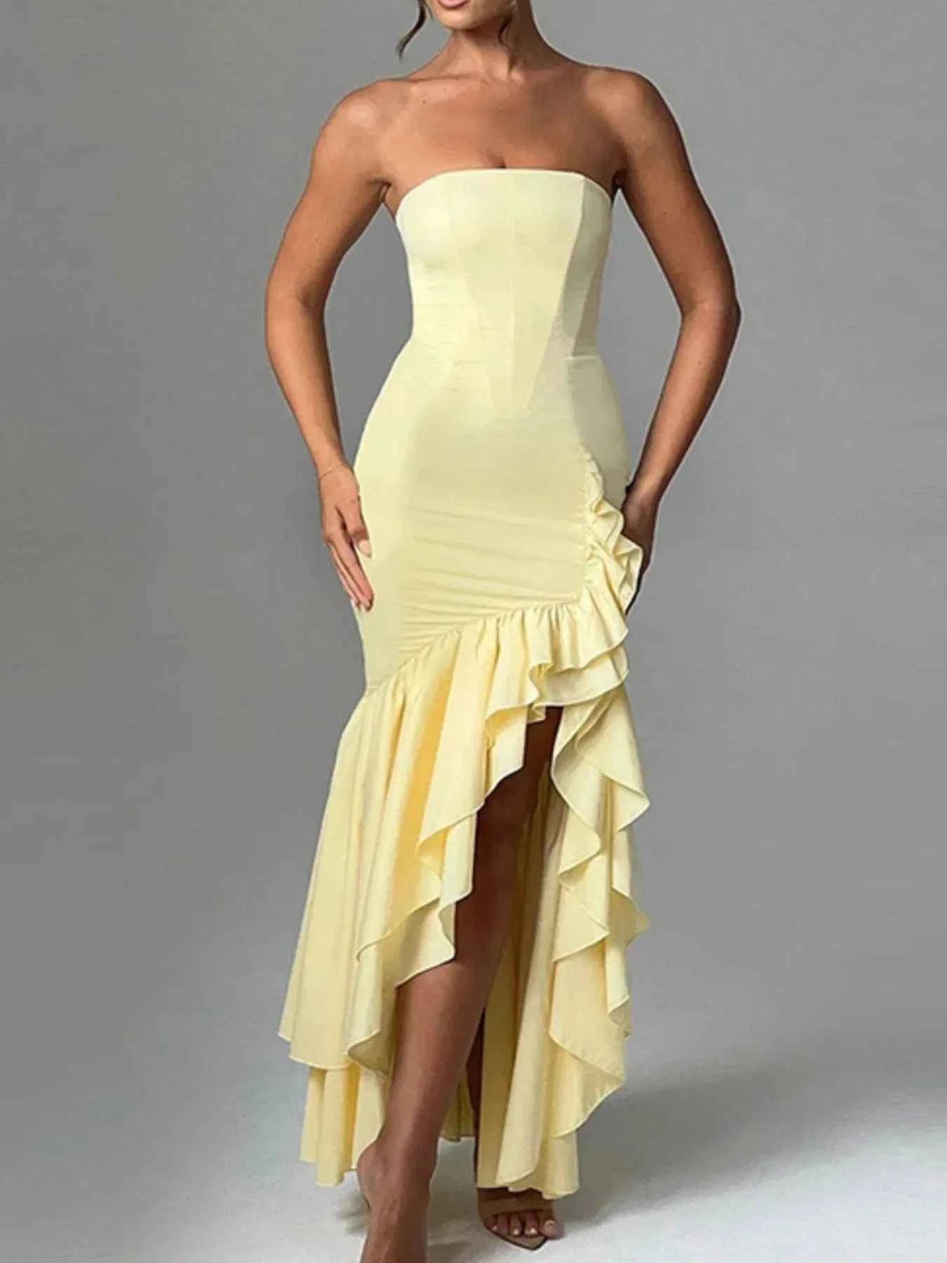 Strapless Ruffle High-Low Bodycon Dress.