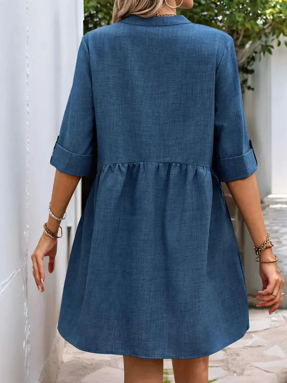 Perfee Button Down Notched Half Sleeve Mini Shirt Dress.