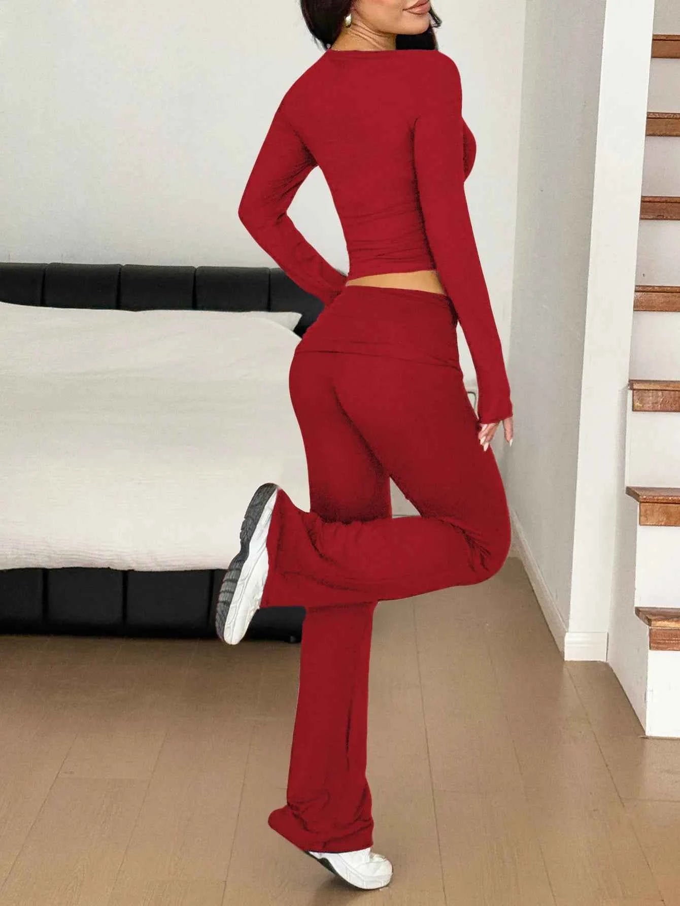 Long Sleeve Crop Top and Bootcut Pants Set
