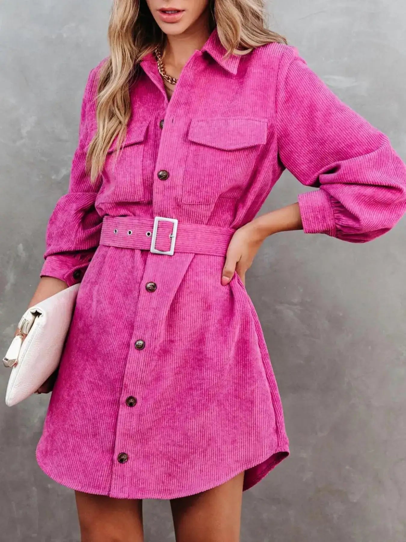 Button Front Belt Long Sleeve Corduroy Dress.