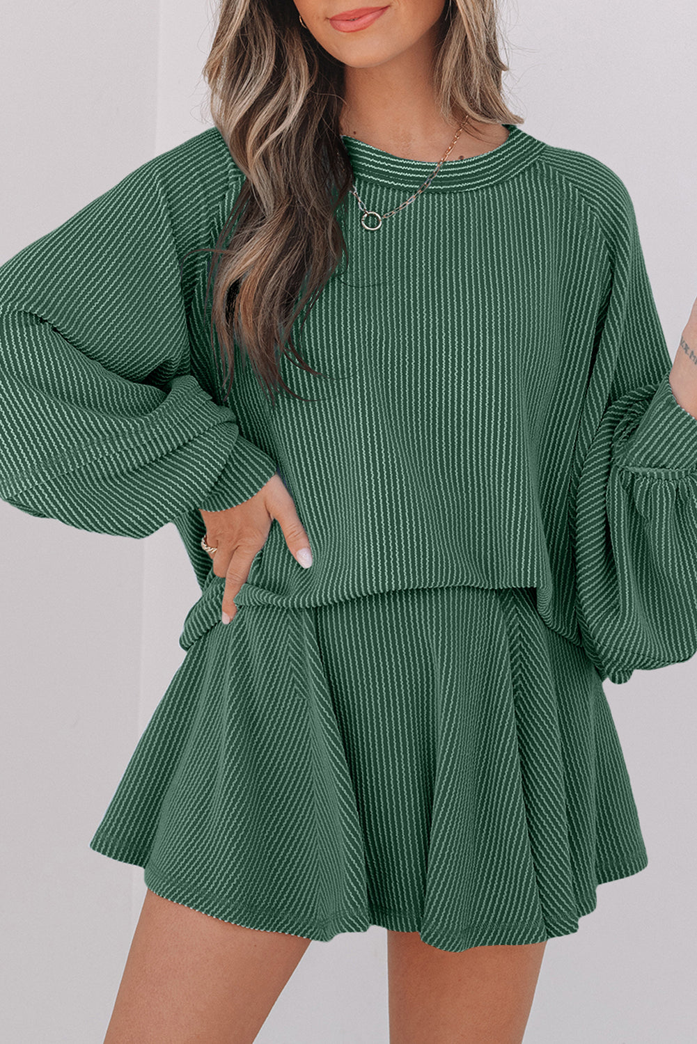 Mist Green Corded Lantern Sleeve Top High Waist Ruffled Mini Skirt Set Dear-Lover Dropshipping