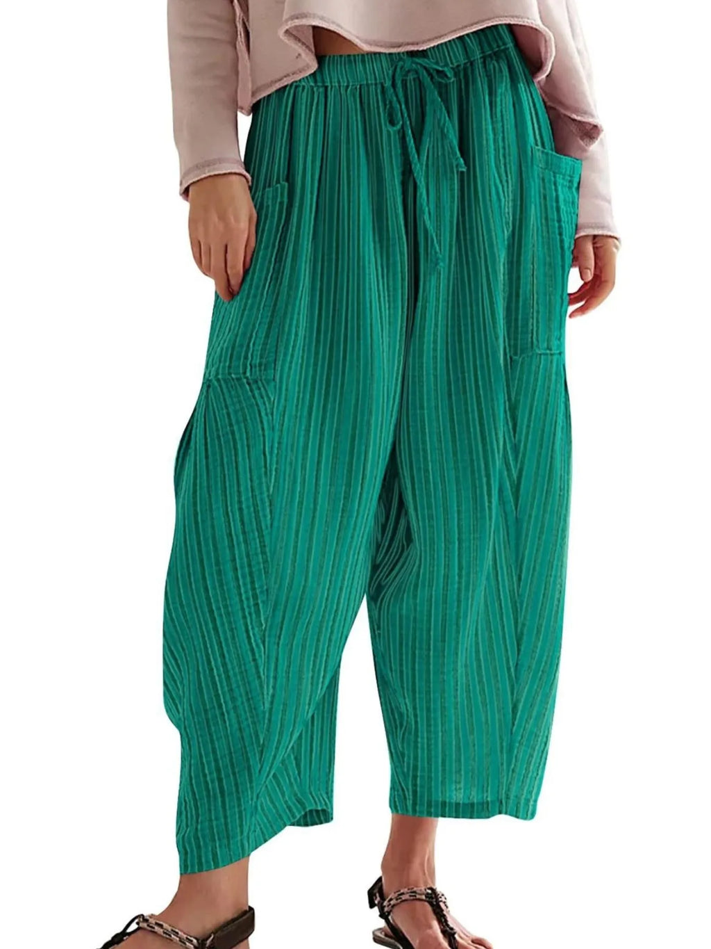 Full Size Striped Wide Leg Casual Pants Plus Size.