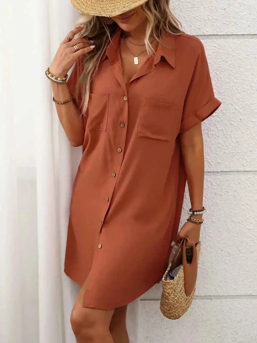 Button Down Short Sleeve Mini Dress.