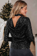Black Sequin Mock Neck Drape Open Back Bell Sleeve Top