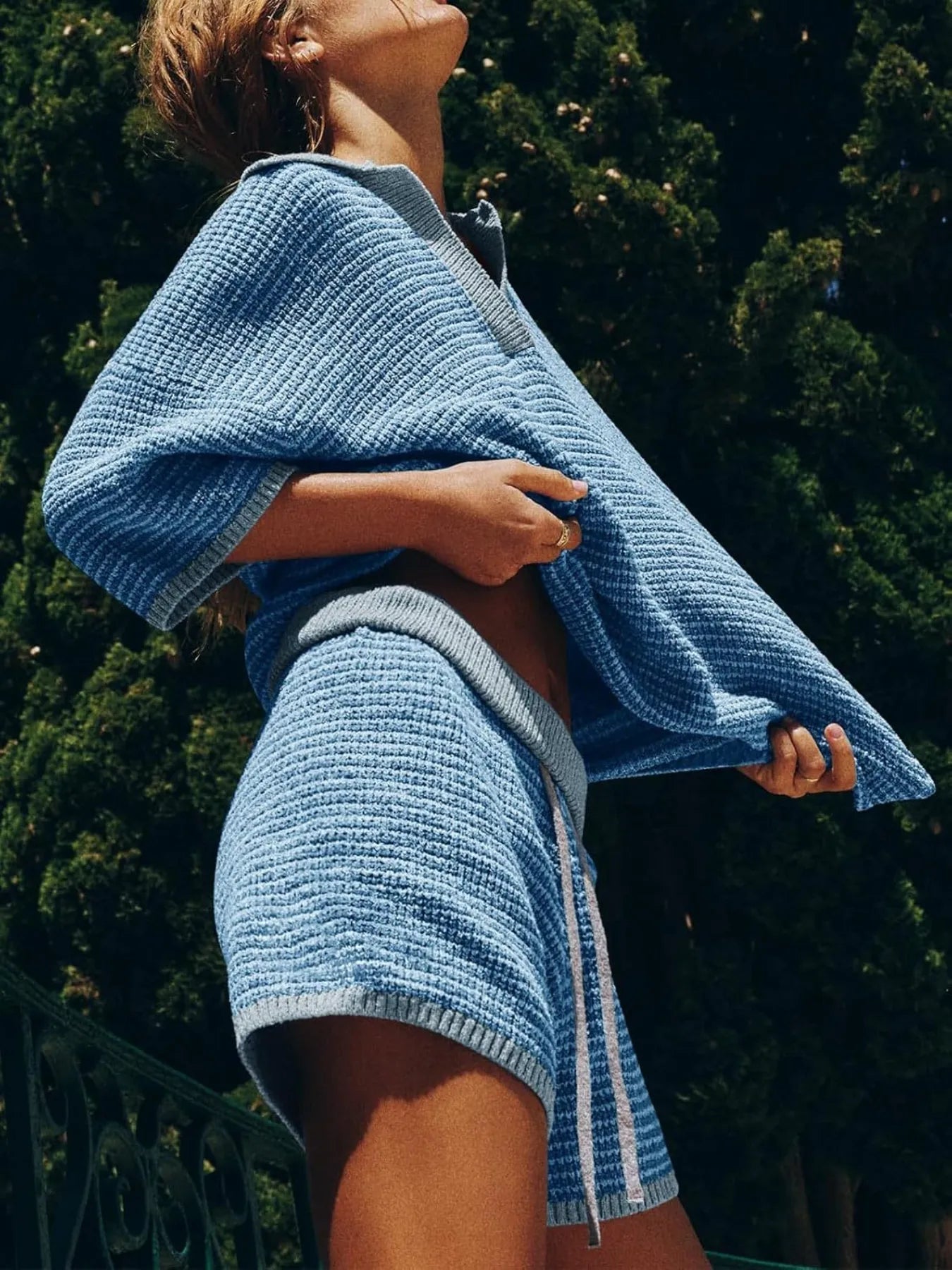 V neck Top and Shorts Sweater Set.