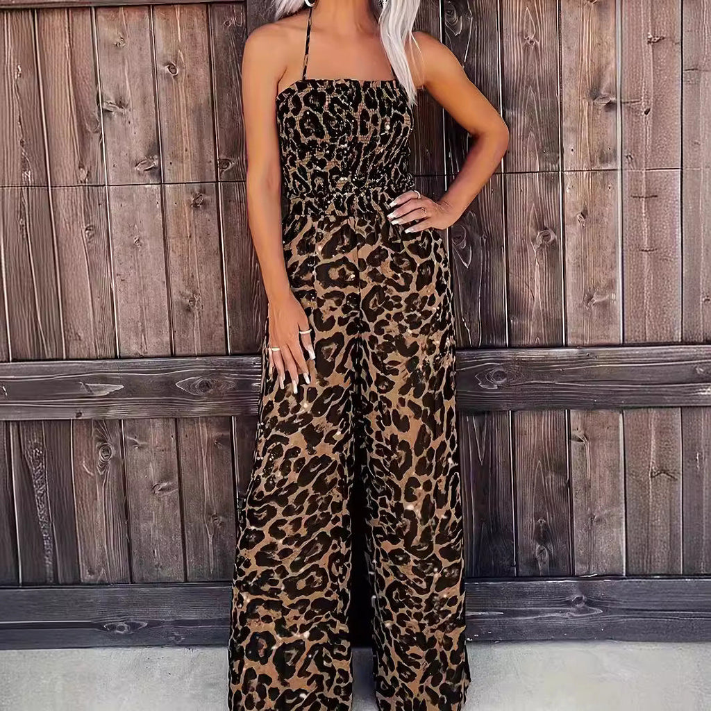 Women's Leopard Print Halter Backless Jumpsuit CJ