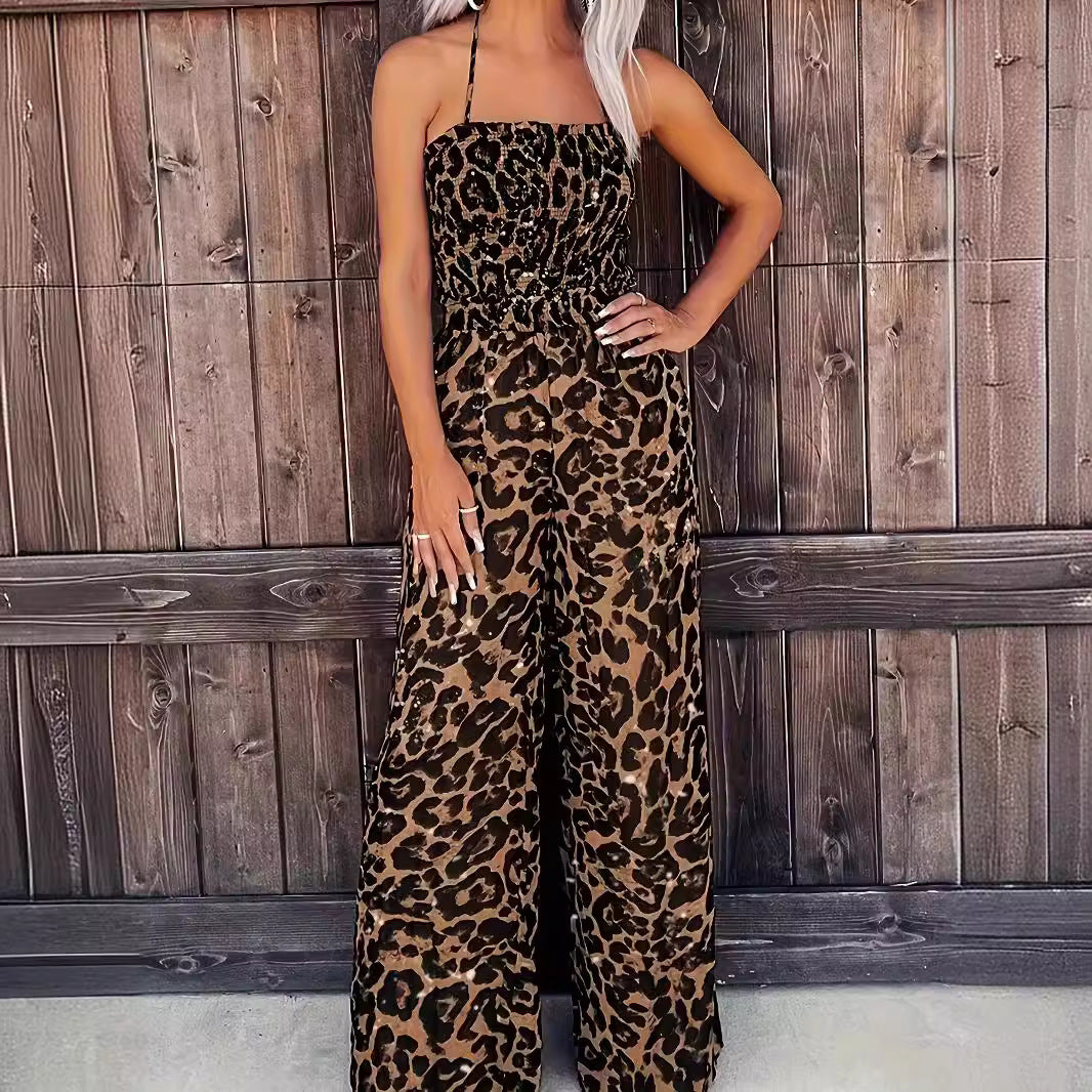 Women's Leopard Print Halter Backless Jumpsuit CJ
