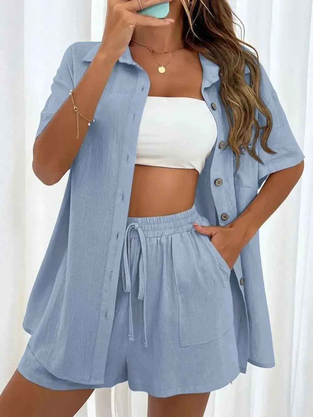 Button Up Shirt and Drawstring Shorts Set - CHIC TB
