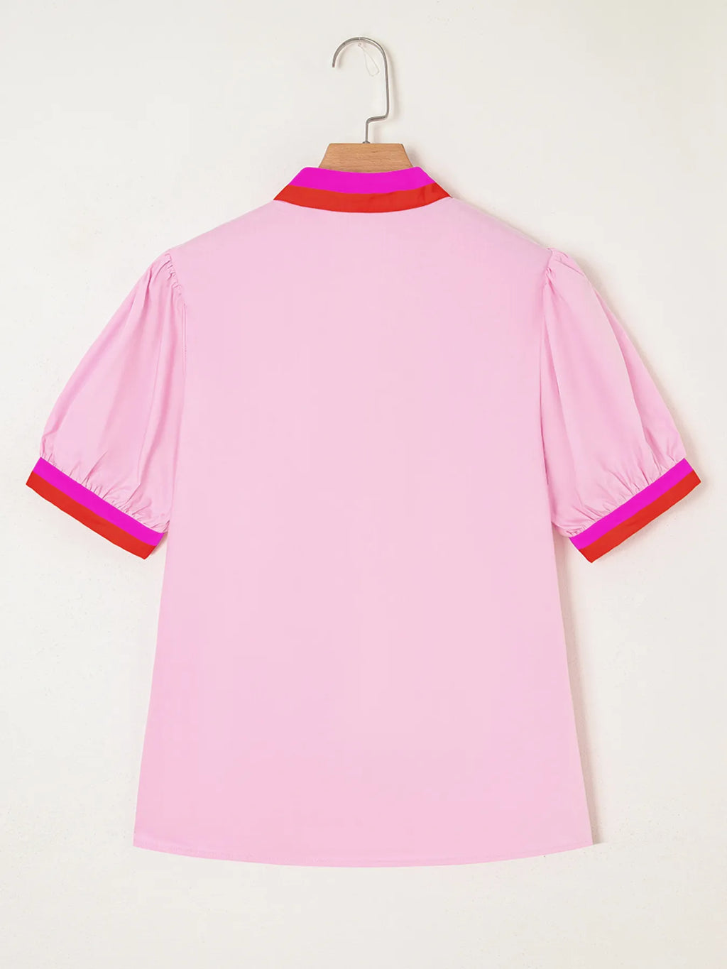 Contrast Trim Notched Short Sleeve Blouse.