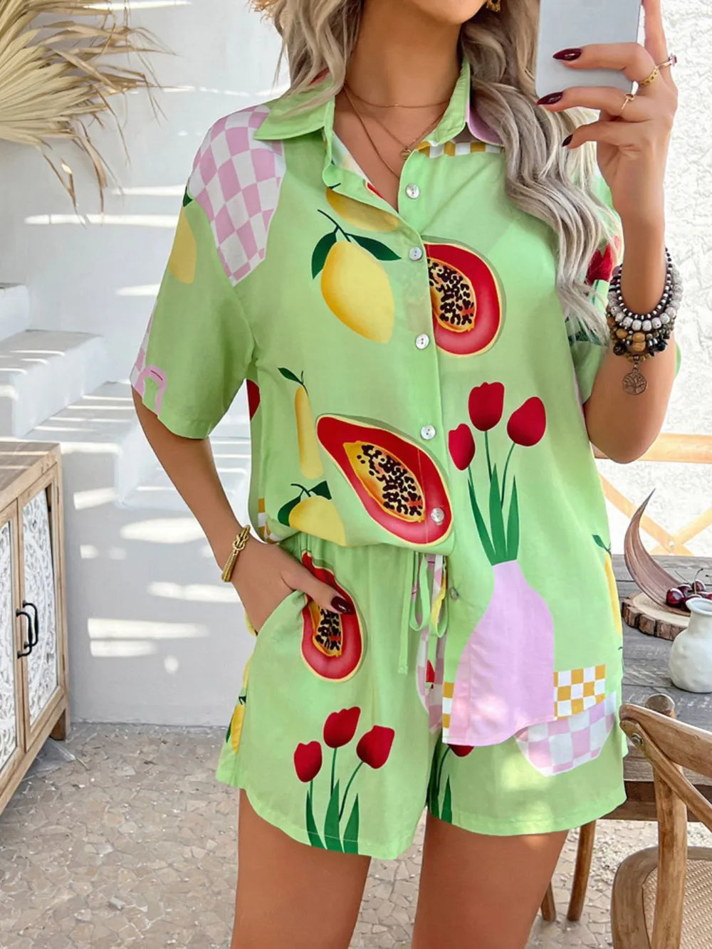 Buttoned Shirt and Shorts Set - CHIC TB