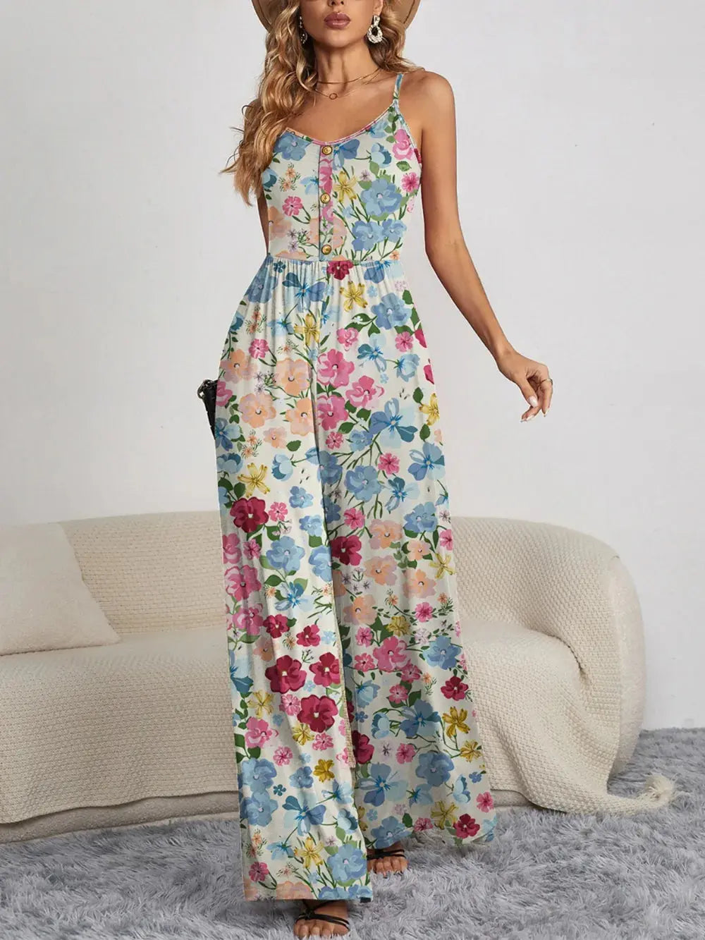 FAM-FAM Decorative Button Spaghetti Strap Wide Leg Jumpsuit.