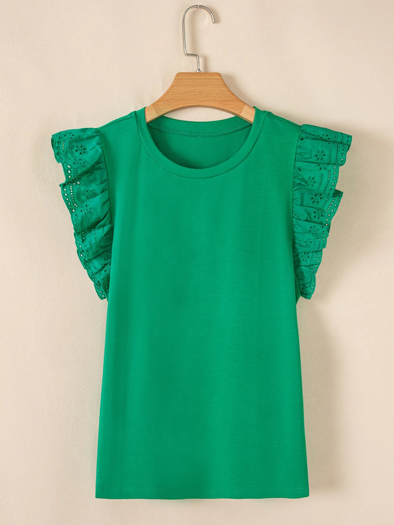 Ruffled Sleeve Slim Fit Crew Neck Top.