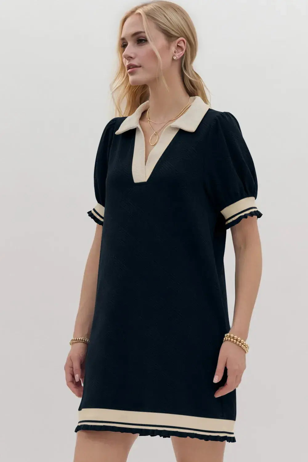 Oh Frill Contrast Trim Johnny Collar Short Sleeve Mini Dress.
