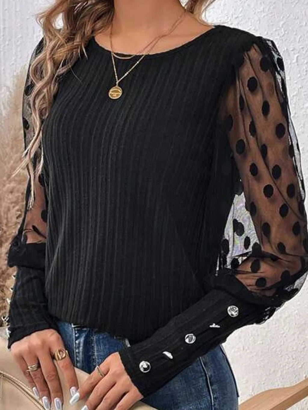 Polka Dot Sheer Sleeve Blouse.
