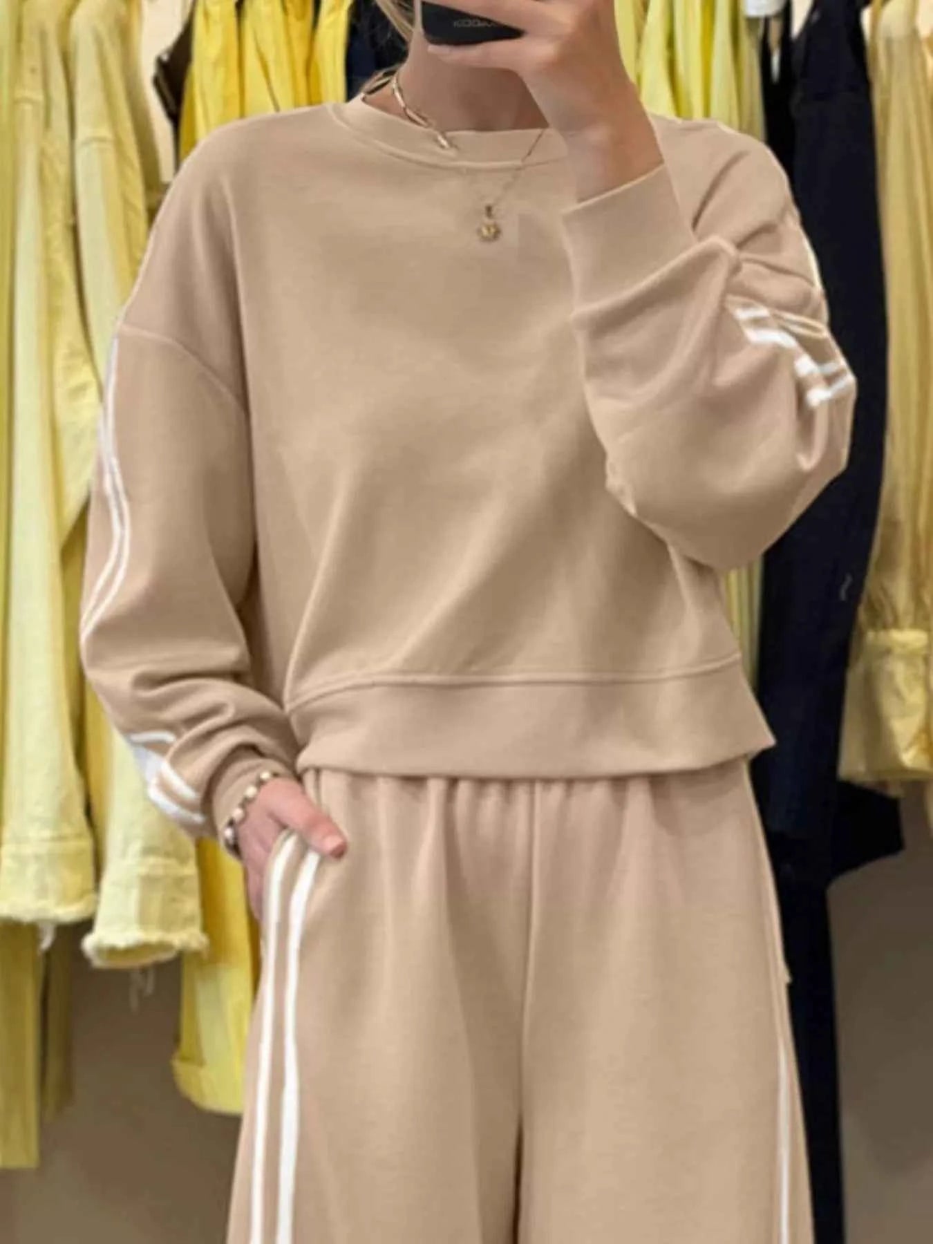 Striped Detail Crewneck Top and Elastic Sweatpants 2pcs Set