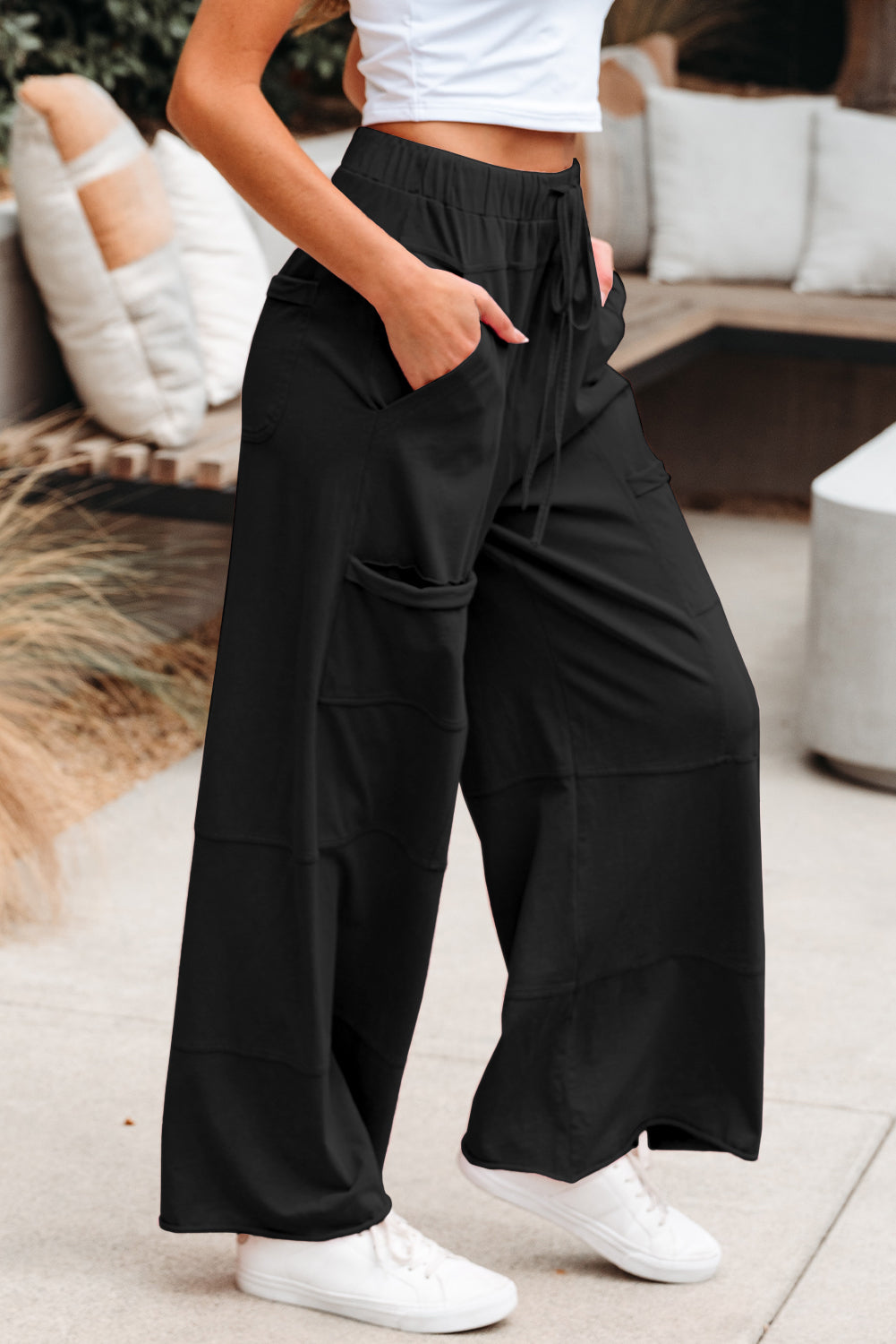 Black Mineral Wash Exposed Seam Drawstring Elastic Waistband Wide Leg Cargo Pants Dear-Lover Dropshipping