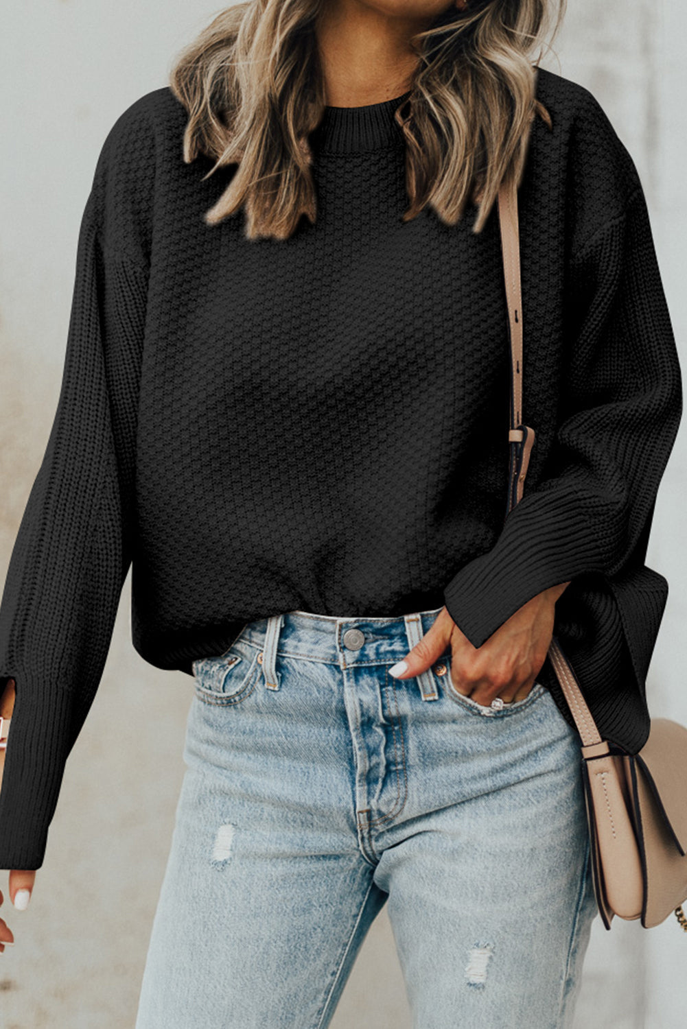 Black Solid Textured Knit Split Cuff Drop Shoulder Loose Sweater Dear-Lover Dropshipping