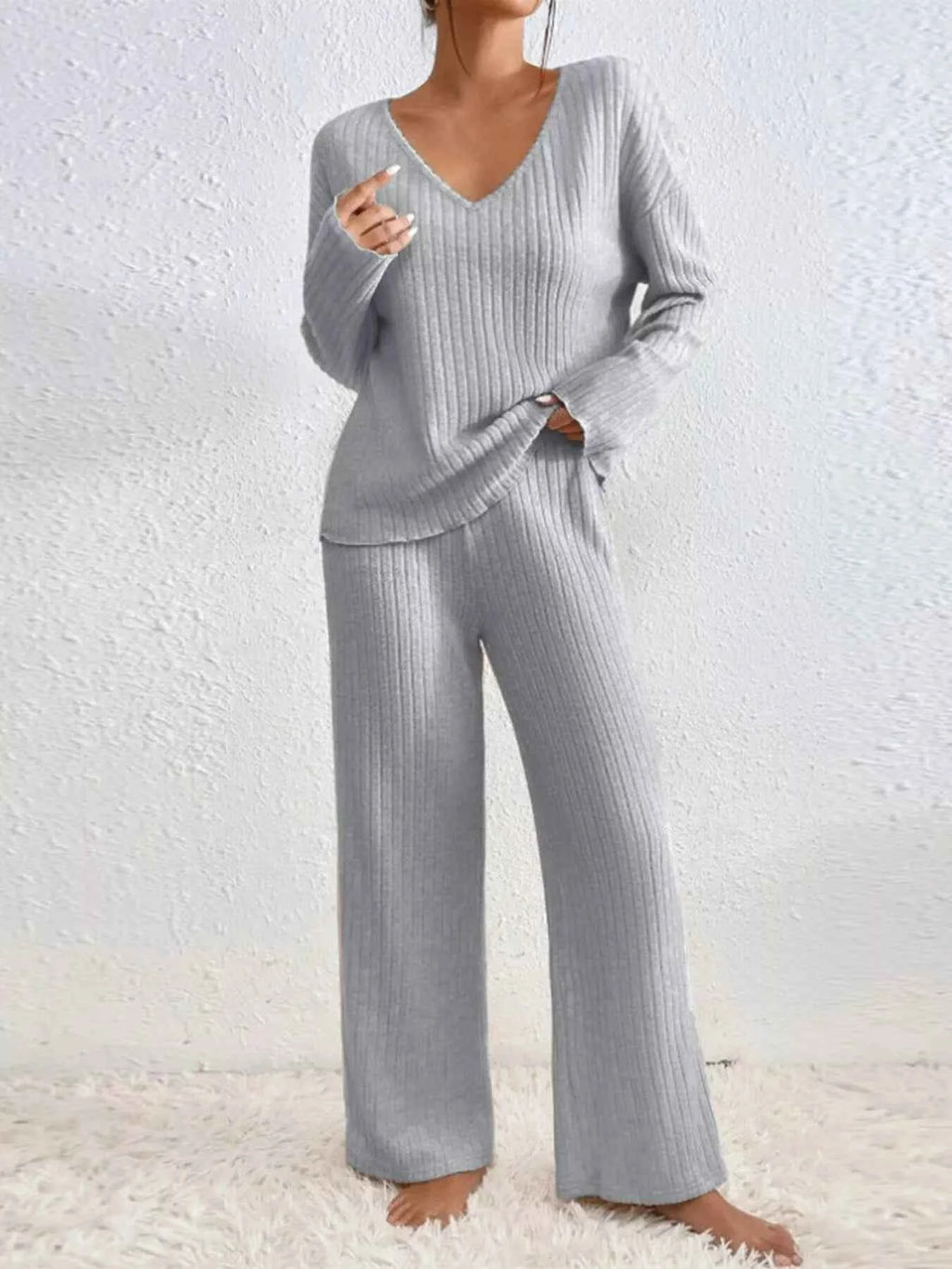 Ribbed V-Neck Top and Pants Set