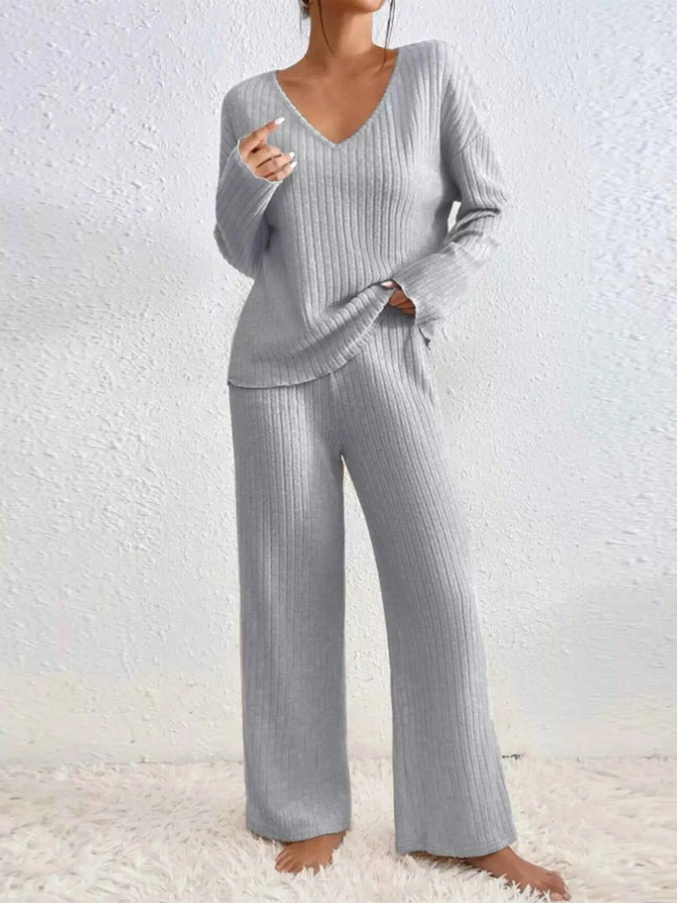 Ribbed V-Neck Top and Pants Set
