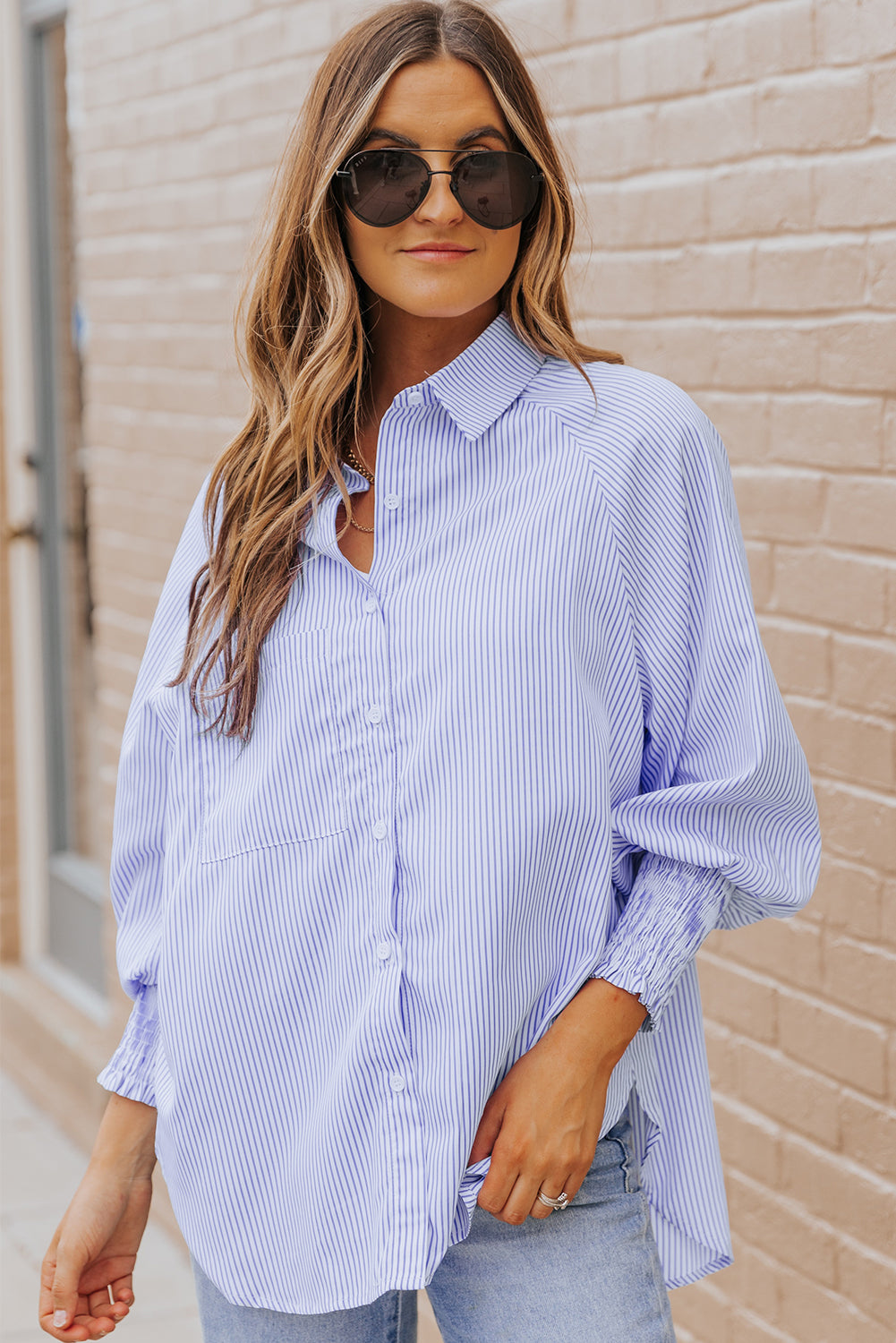 Sky Blue Smocked Cuffed Striped Boyfriend Shirt with Pocket Dear-Lover Dropshipping
