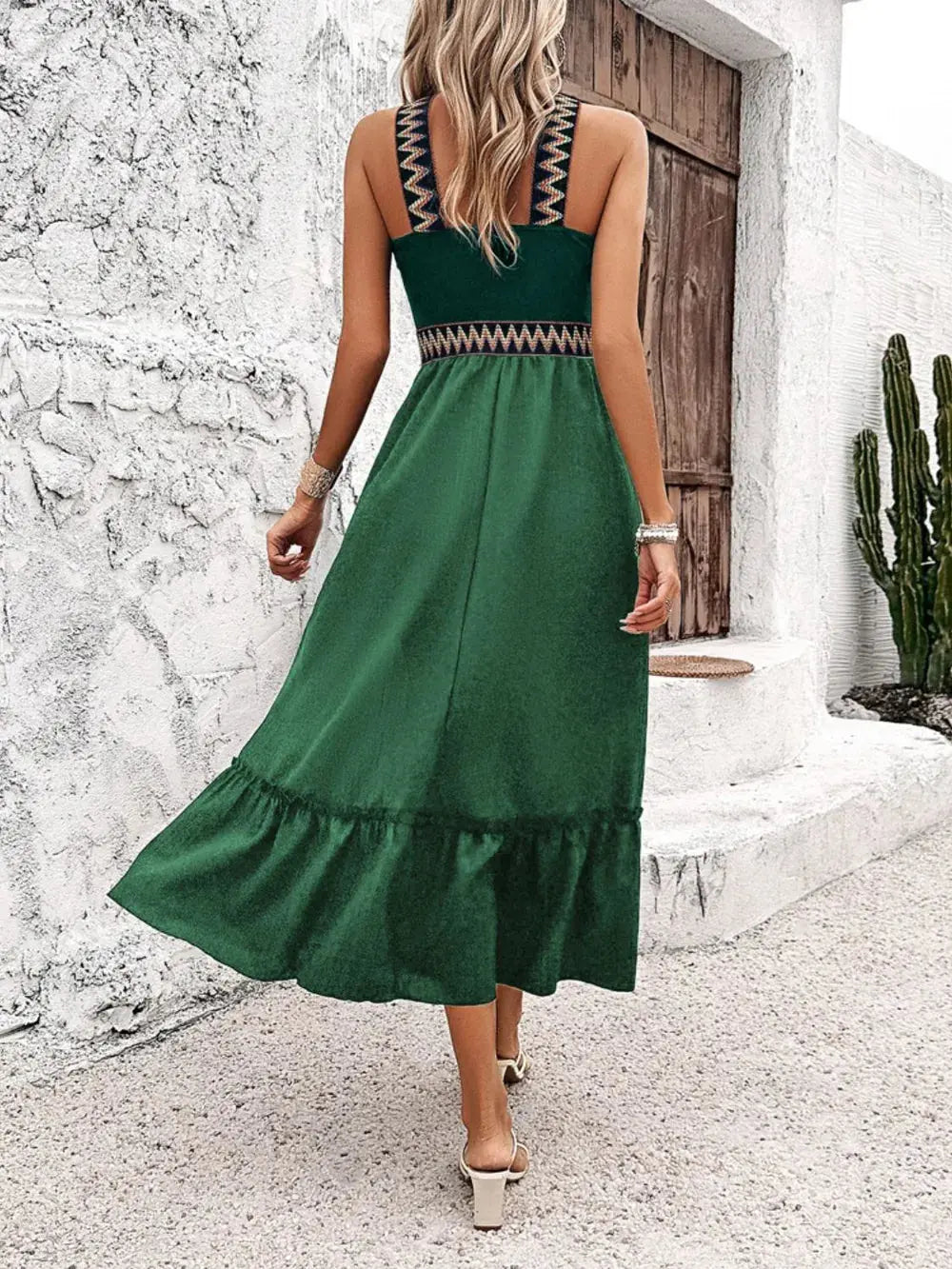 Devine Ruffled Slit Sleeveless Midi Dress.