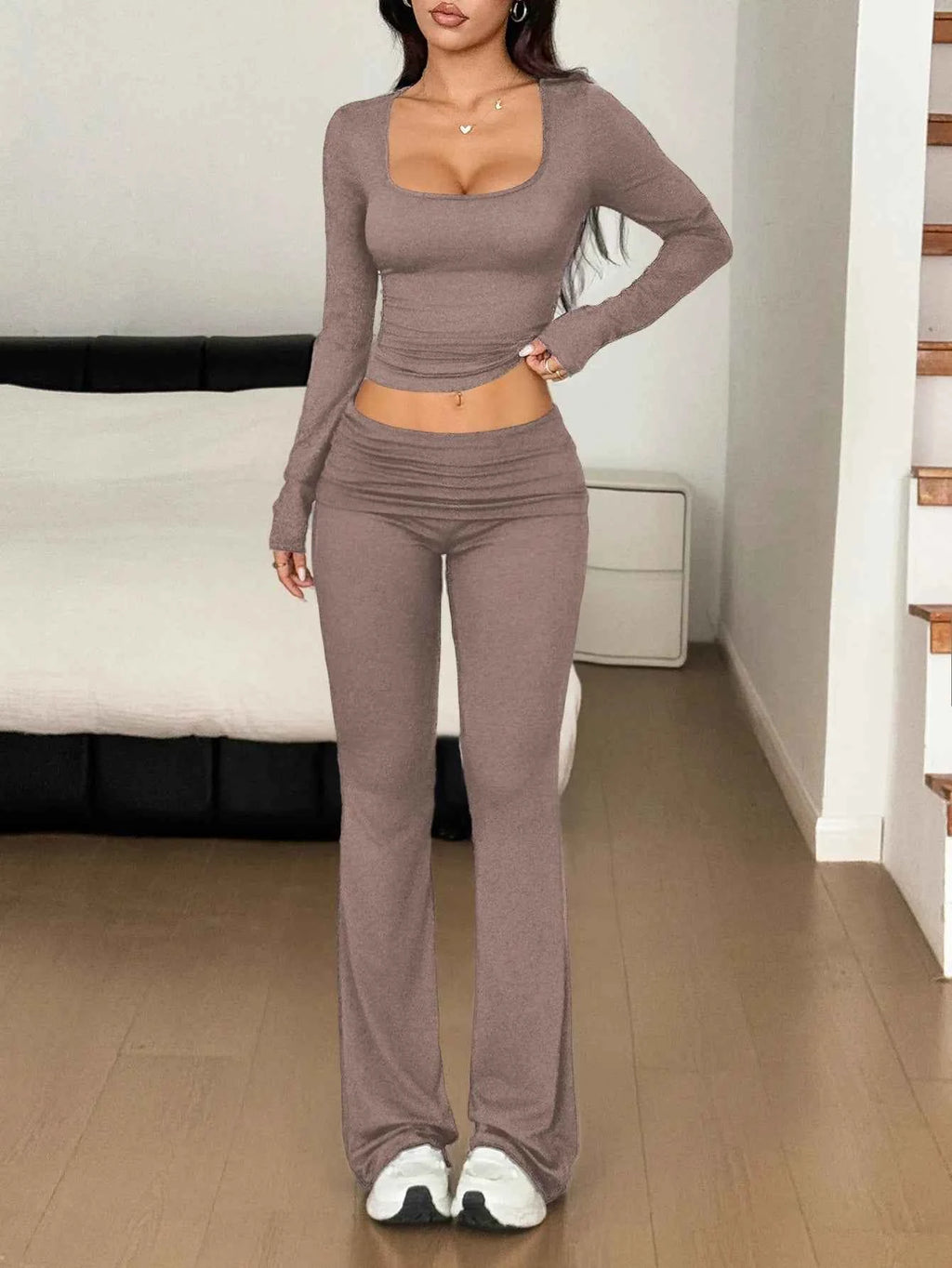 Long Sleeve Crop Top and Bootcut Pants Set