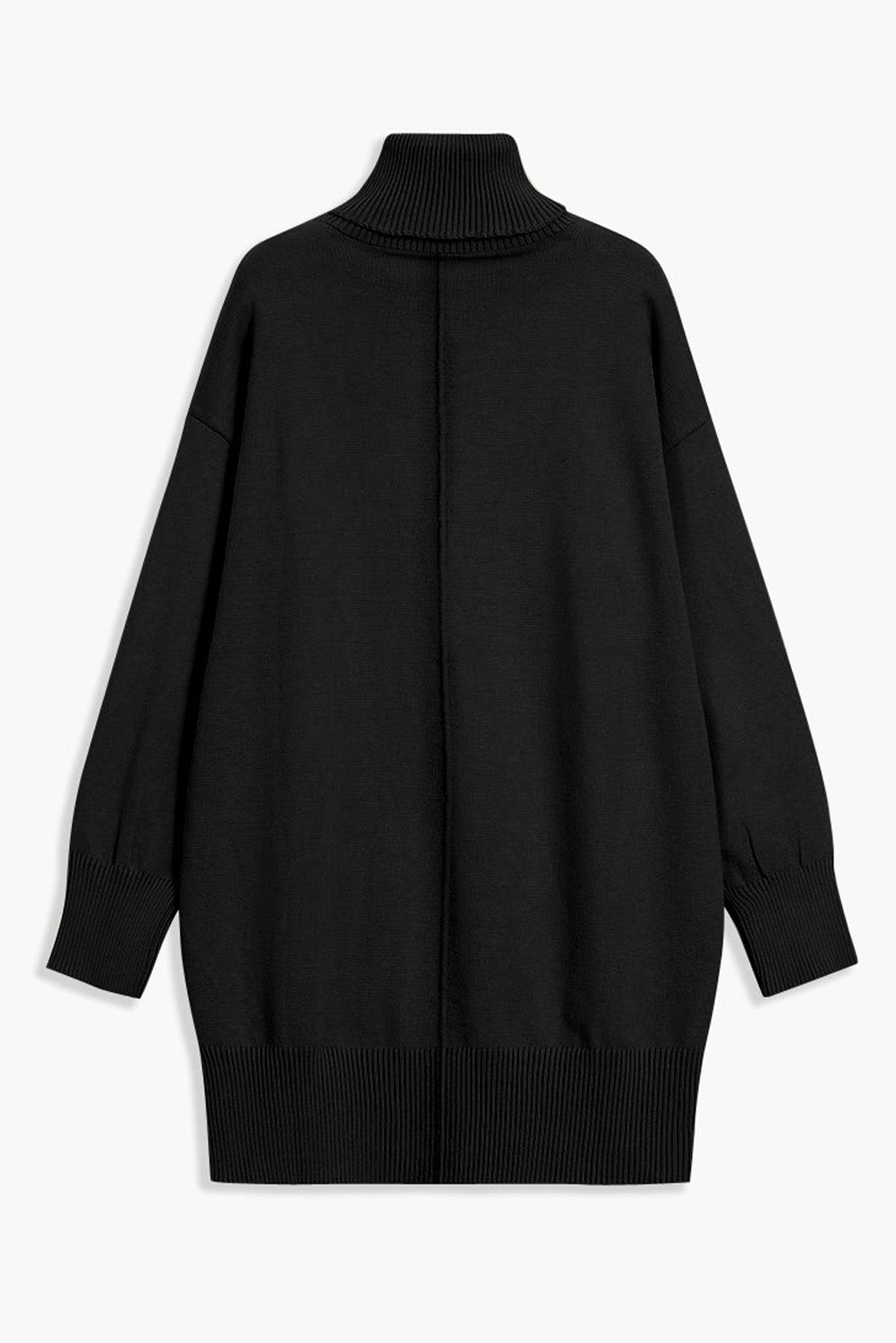 Black Solid Color Turtleneck Drop Shoulder Loose Sweater Dress