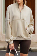 Apricot Half Zip Stand Collar Exposed Seam Solid Color Casual Sweatshirt