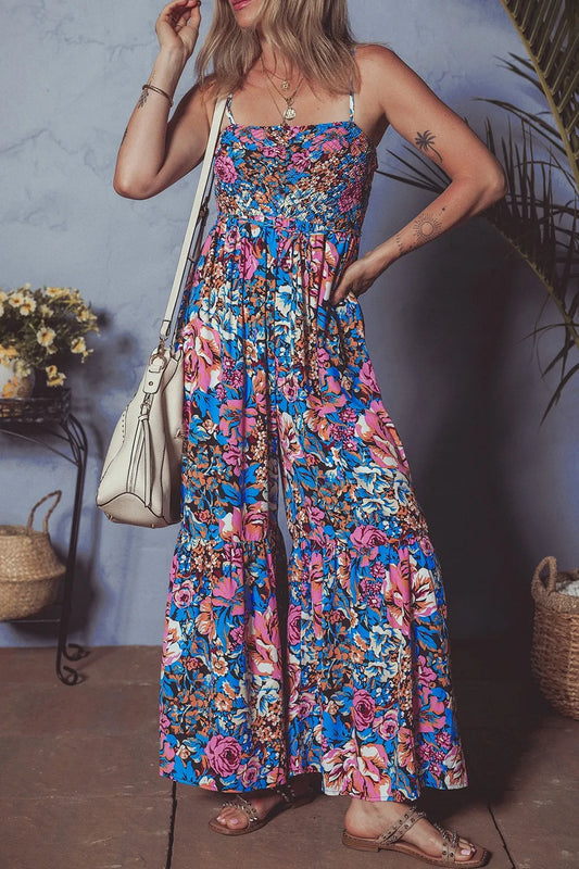 Floral Smocked Spaghetti Straps Wide Leg Jumpsuit - CHIC TB