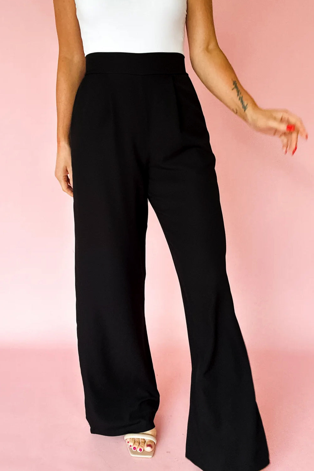 Black Pleated Detail Pull On High Elastic Waist Loose Straight Pants Dear-Lover Dropshipping