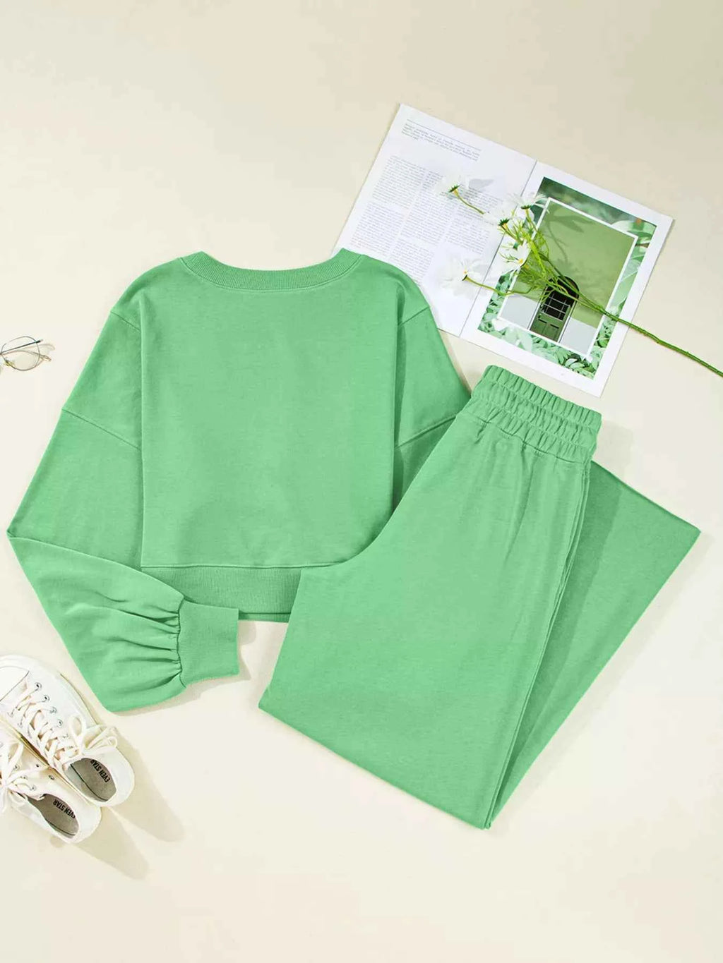 Drop Shoulder Puff Sleeve Crop Top and Drawstring Wide Leg Pants Set