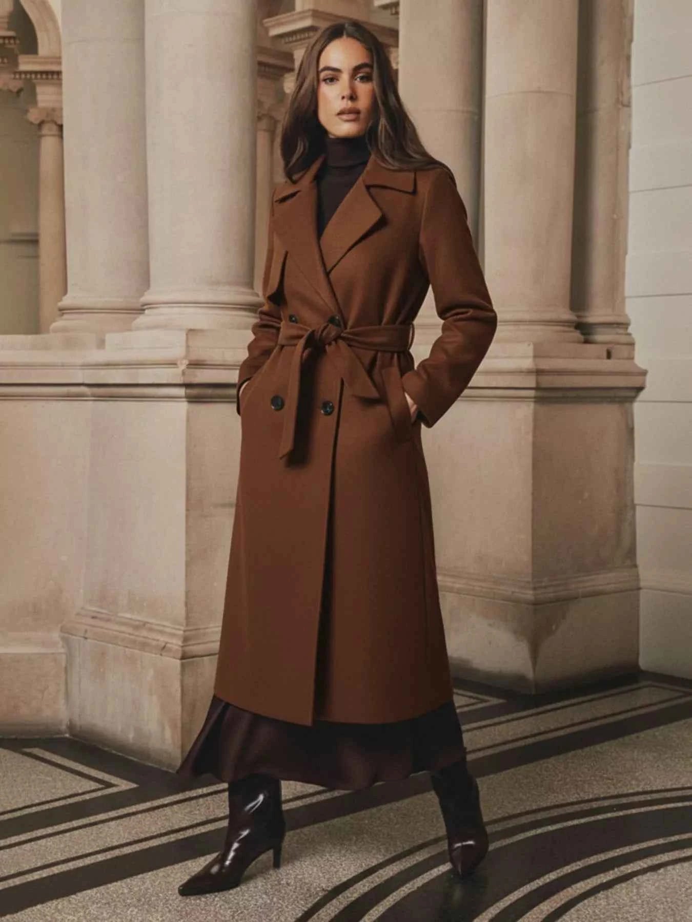 Lapel Collar Belted Wool Blend Coat