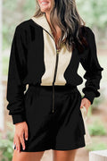 Black Two-tone Long Sleeve Zipped Front Casual Romper Dear-Lover Dropshipping