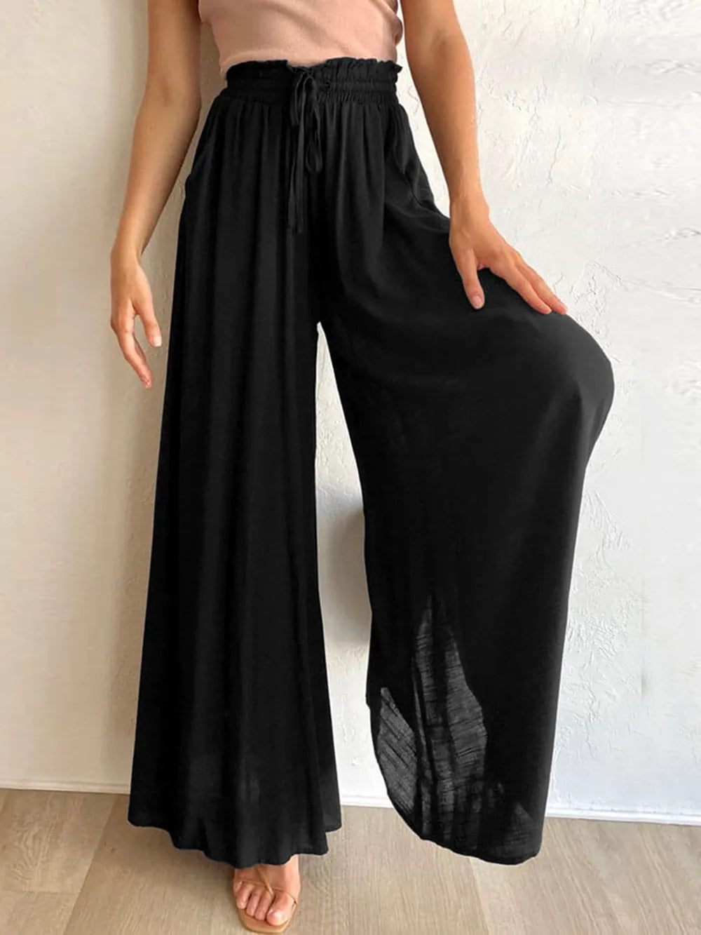 Drawstring Wide Leg Pants with Pockets.