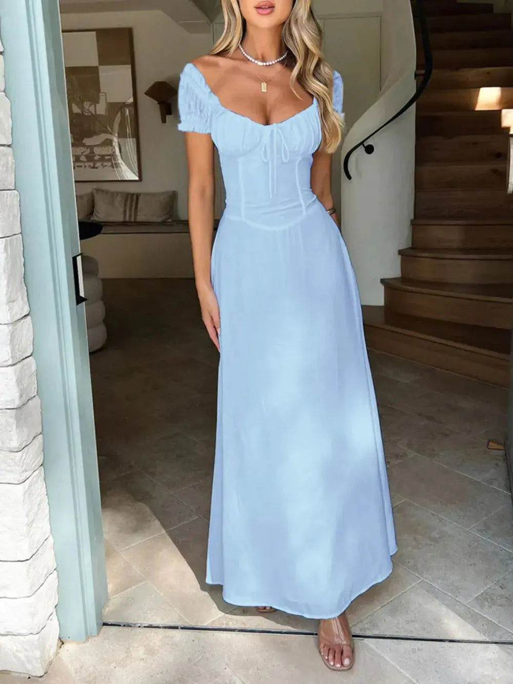 Devine Sweetheart Neck Short Sleeve Maxi Dress.