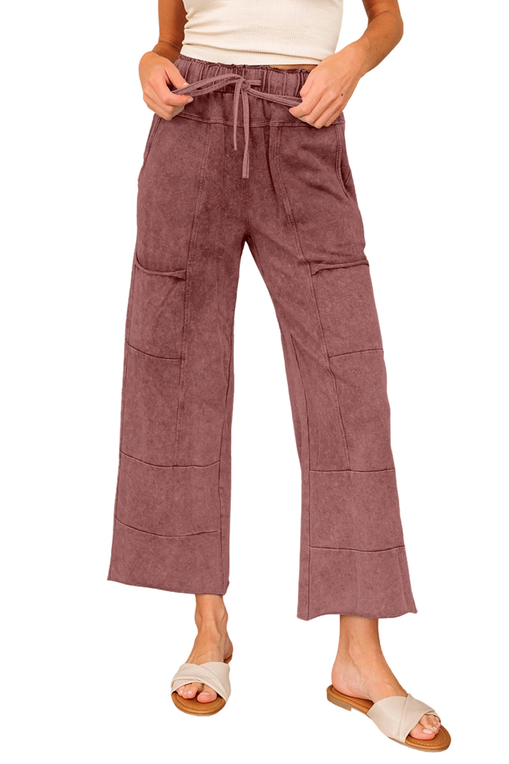 Wild Ginger Mineral Wash Lace-up High Waist Raw Hem Patched Pocket Pants Dear-Lover Dropshipping