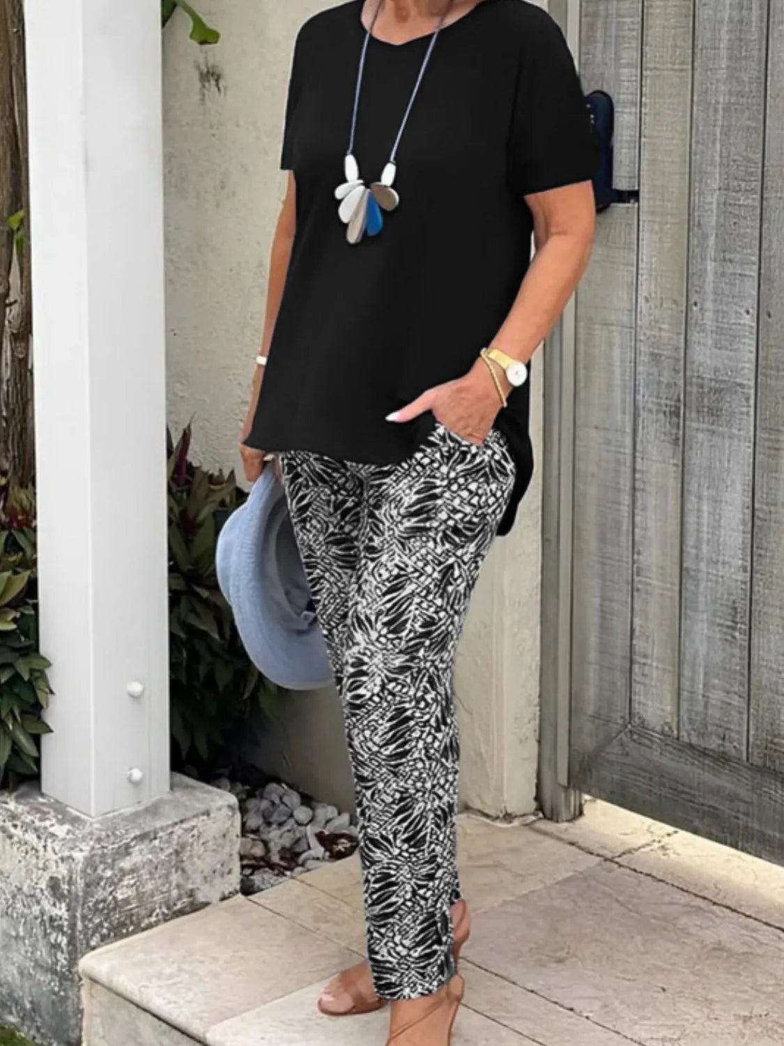 Full Size Round Neck Short Sleeve Top and Pants Set Plus Size - CHIC TB