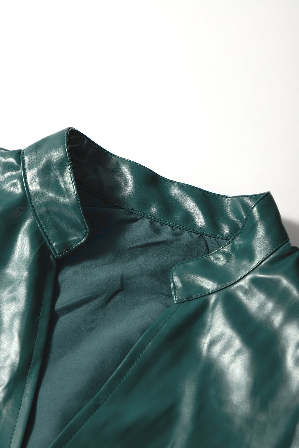 Sea Green Notched V Neck Short Puff Sleeve PU Leather Blouse Dear-Lover Dropshipping