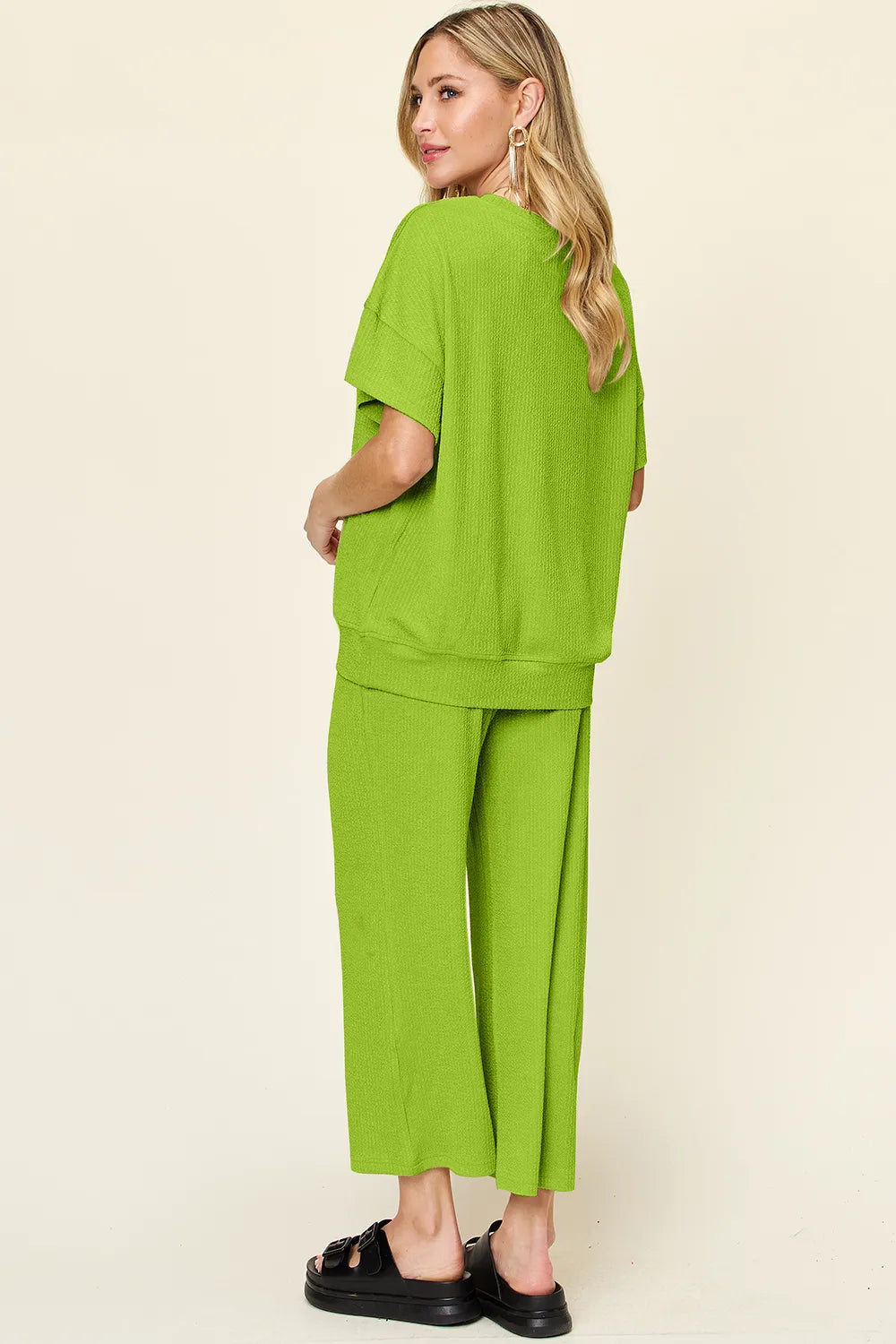 Double Take Full Size Texture Round Neck Short Sleeve T-Shirt and Wide Leg Pants - CHIC TB