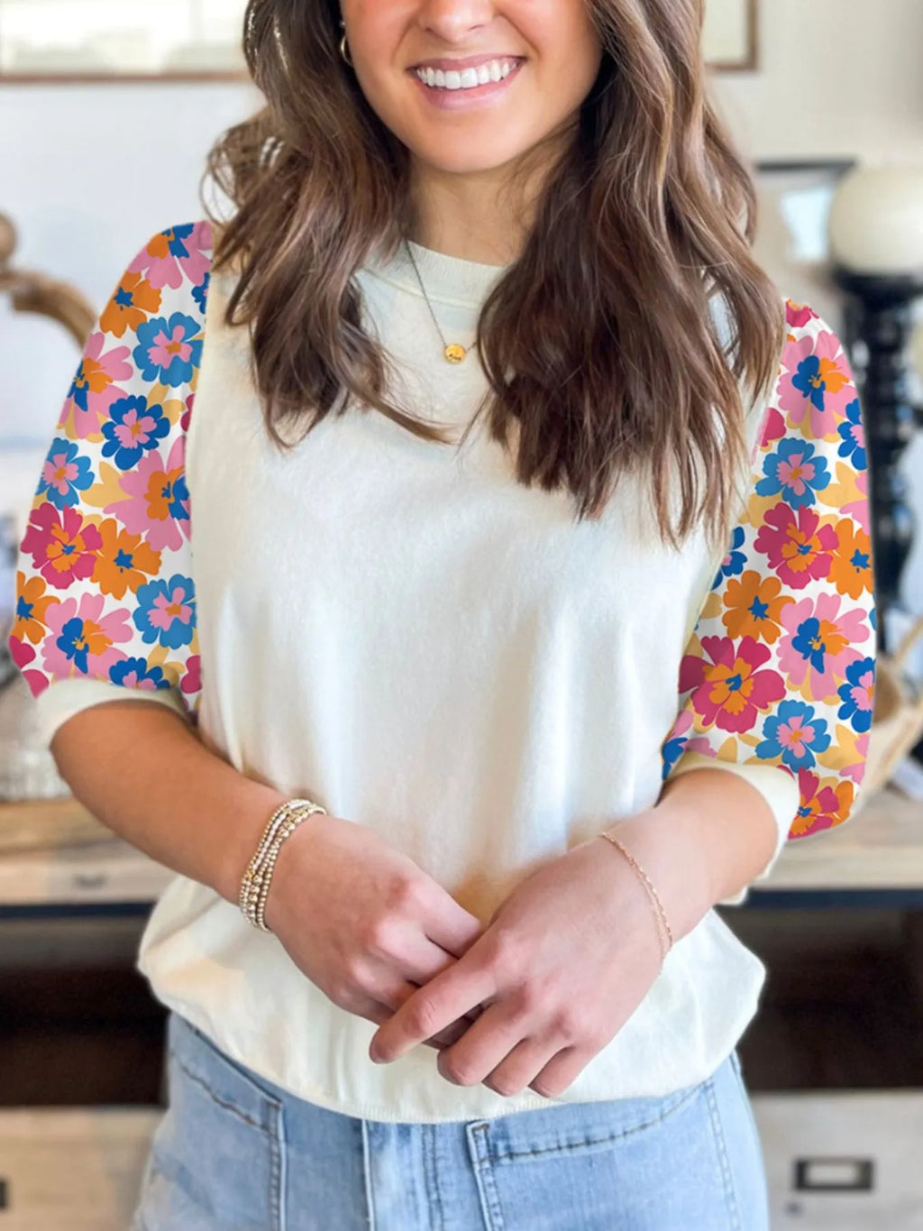 Floral Puff Sleeve Round Neck T-Shirt.